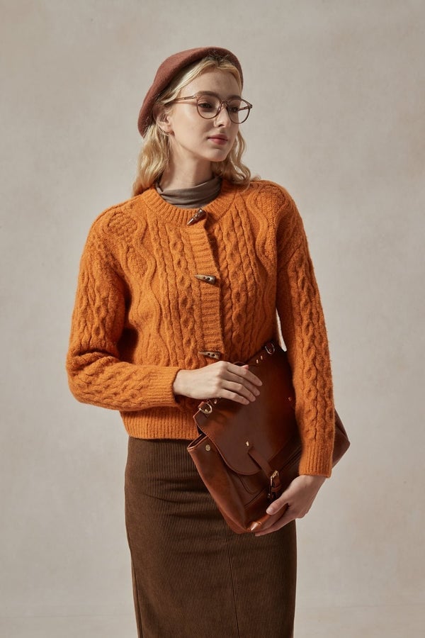 Orange Cable Knit Cardigan with Corduroy Skirt — Aesthetic Orange Outfits