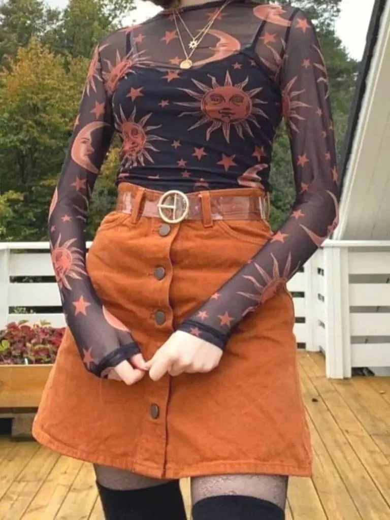 Orange Corduroy Mini Skirt with Celestial Print Top — Aesthetic Orange Outfits