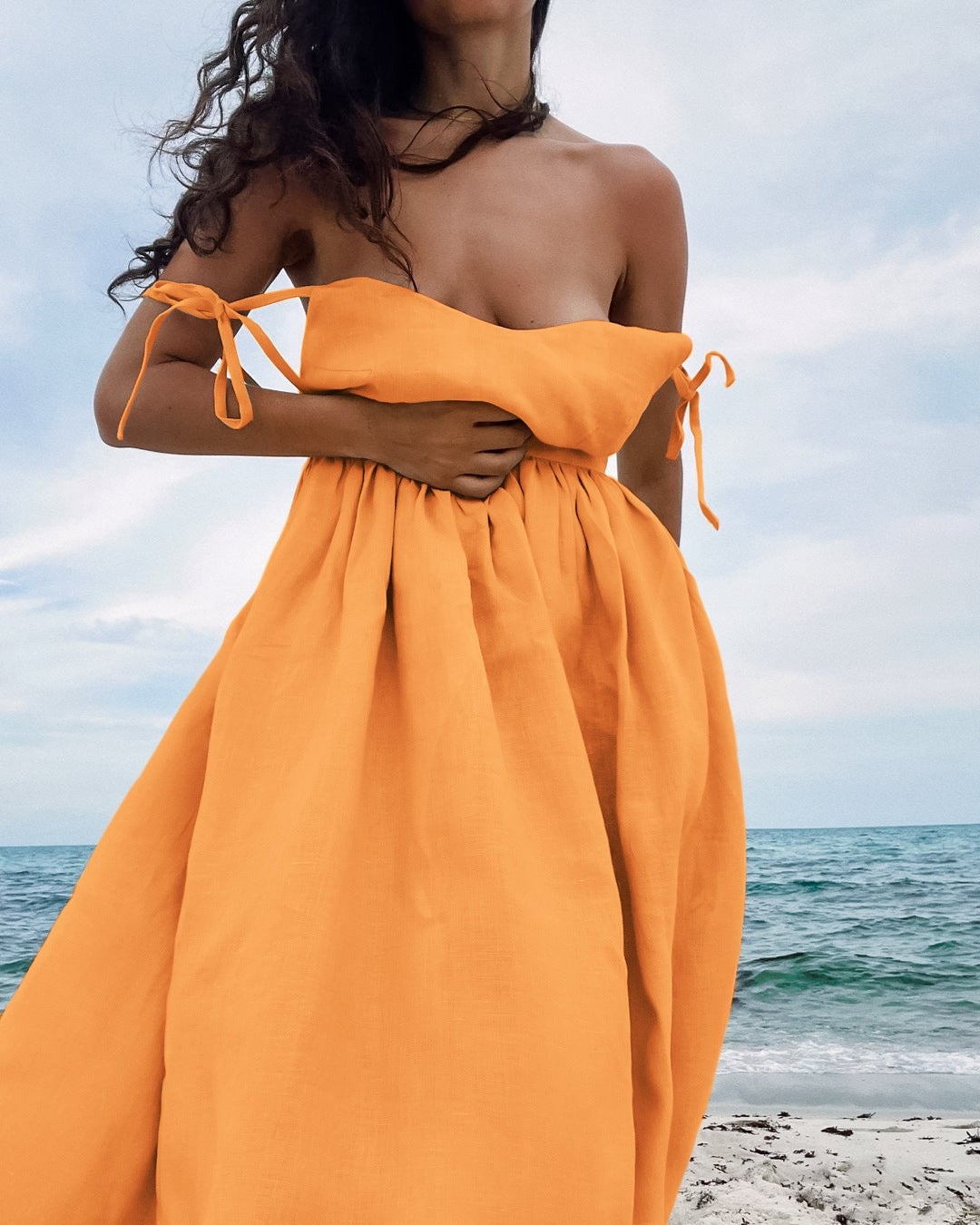 Vibrant Orange Linen Dress with Voluminous Skirt — Aesthetic Orange Outfits