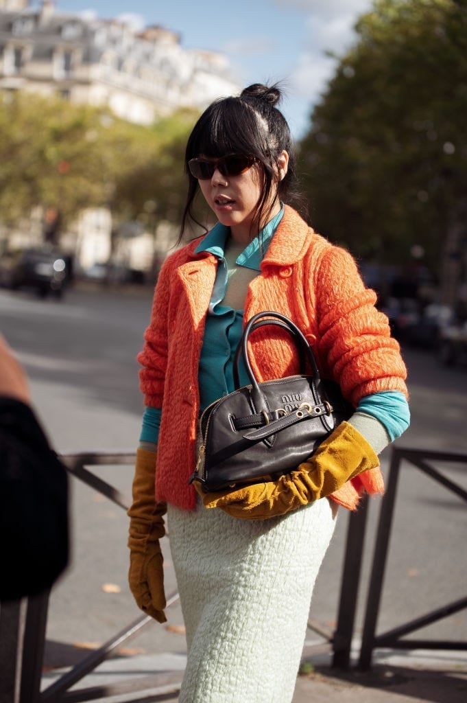 Bright Orange Textured Jacket with Teal Top — Aesthetic Orange Outfits