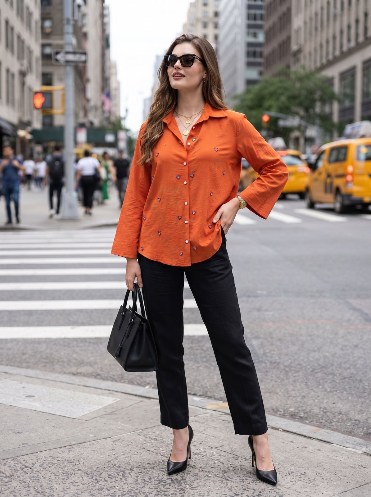 Vibrant Orange Bell Sleeve Shirt with Black Trousers — Aesthetic Orange Outfits