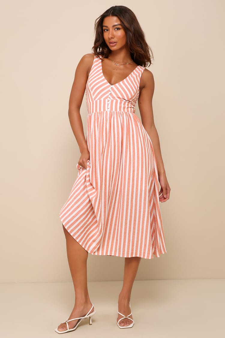 Peach and White Striped Seersucker Midi Dress — Aesthetic Orange Outfits
