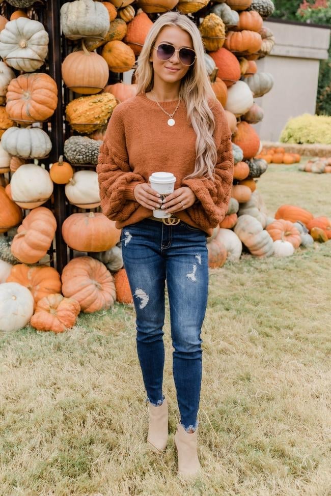 Burnt Orange Textured Sweater with Distressed Jeans — Aesthetic Orange Outfits