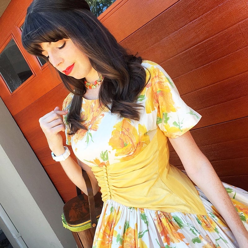 Orange and Yellow Floral Print Dress with Ruched Bodice — Aesthetic Orange Outfits