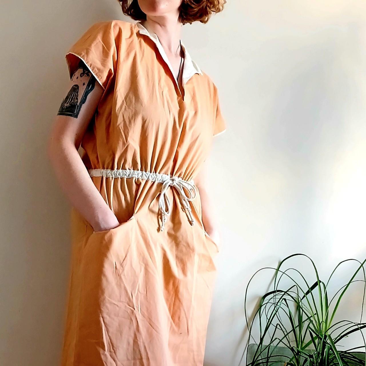 Apricot Cotton Dress with White Trim and Sneakers — Aesthetic Orange Outfits