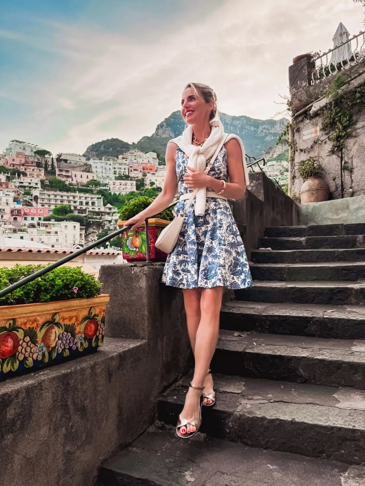 Floral Print A-Line Dress with Sweater for Travel Day — Italy Outfits