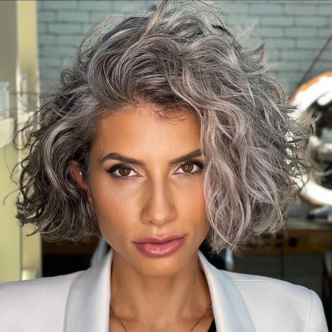 Chin-Length Wavy Bob in Gray — Trendy Waves Hair