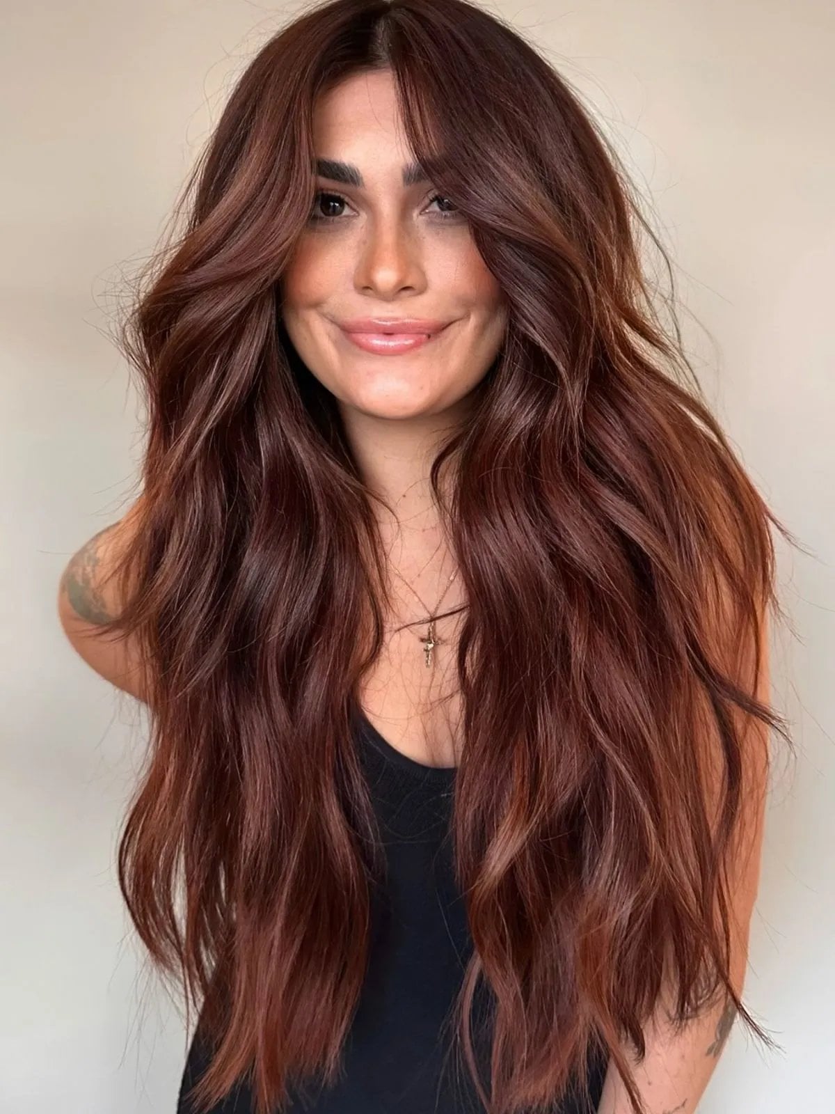 Natural Medium Auburn Collarbone Lob With Curtain Bangs Natural Medium Auburn Collarbone Lob With Curtain Bangs — Auburn Hair Color