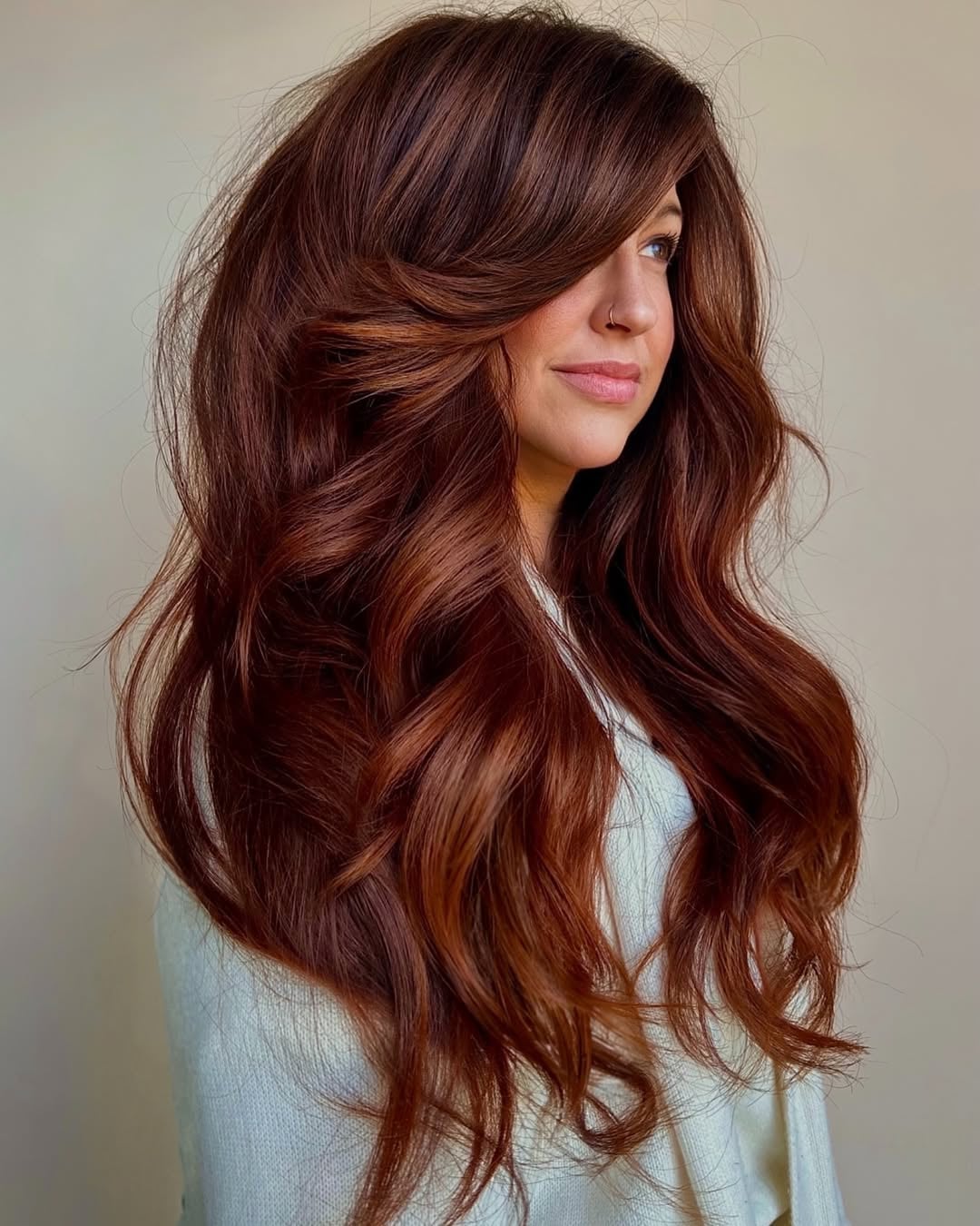 Dark Auburn With Lighter Pieces Side Part Dark Auburn With Lighter Pieces Side Part — Auburn Hair Color
