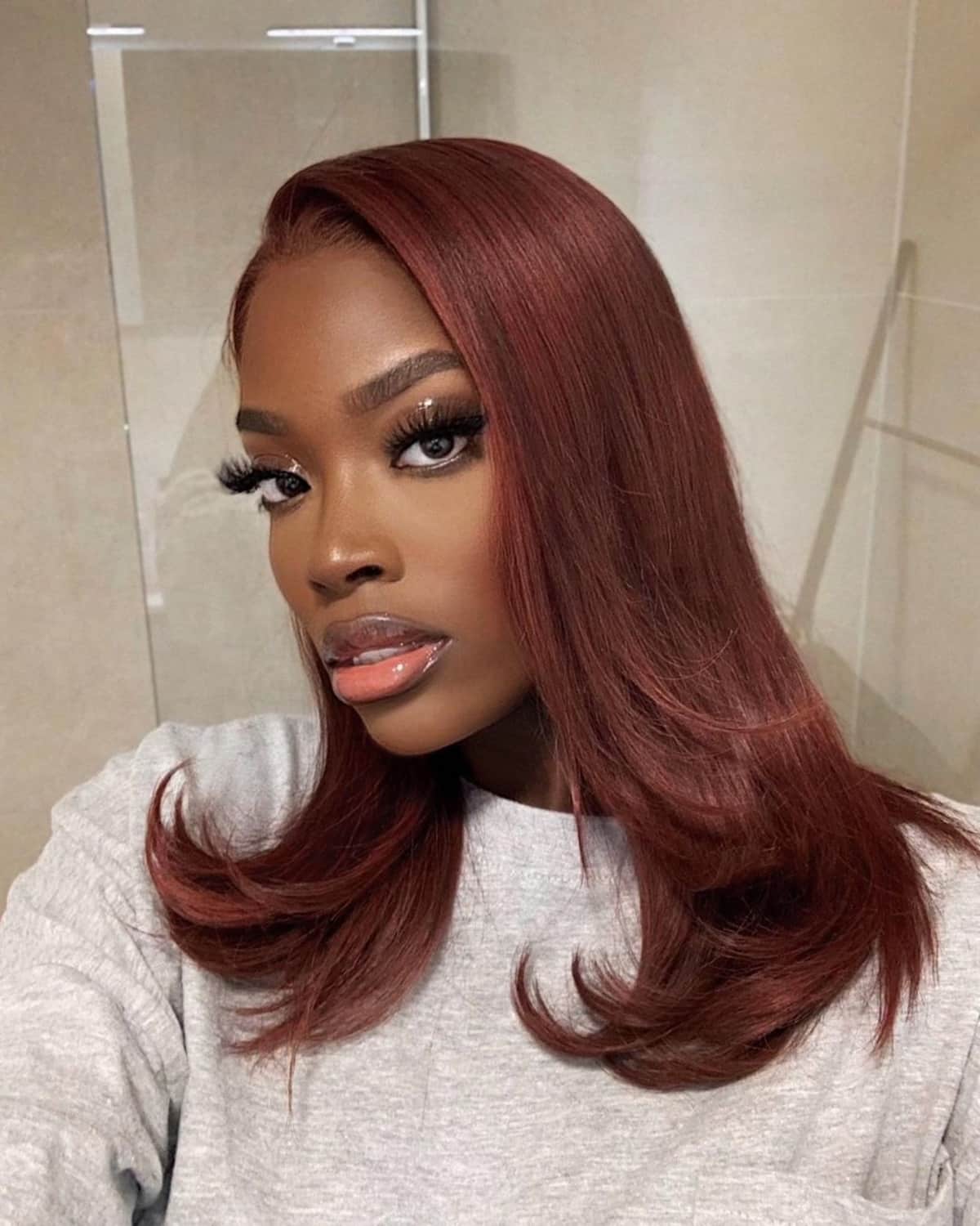Dark Auburn Lob With Curtain Bangs Dark Auburn Lob With Curtain Bangs — Auburn Hair Color