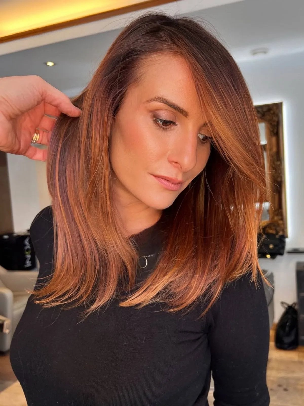 Dark Auburn Lob With Face Framing Layers Dark Auburn Lob With Face Framing Layers — Auburn Hair Color