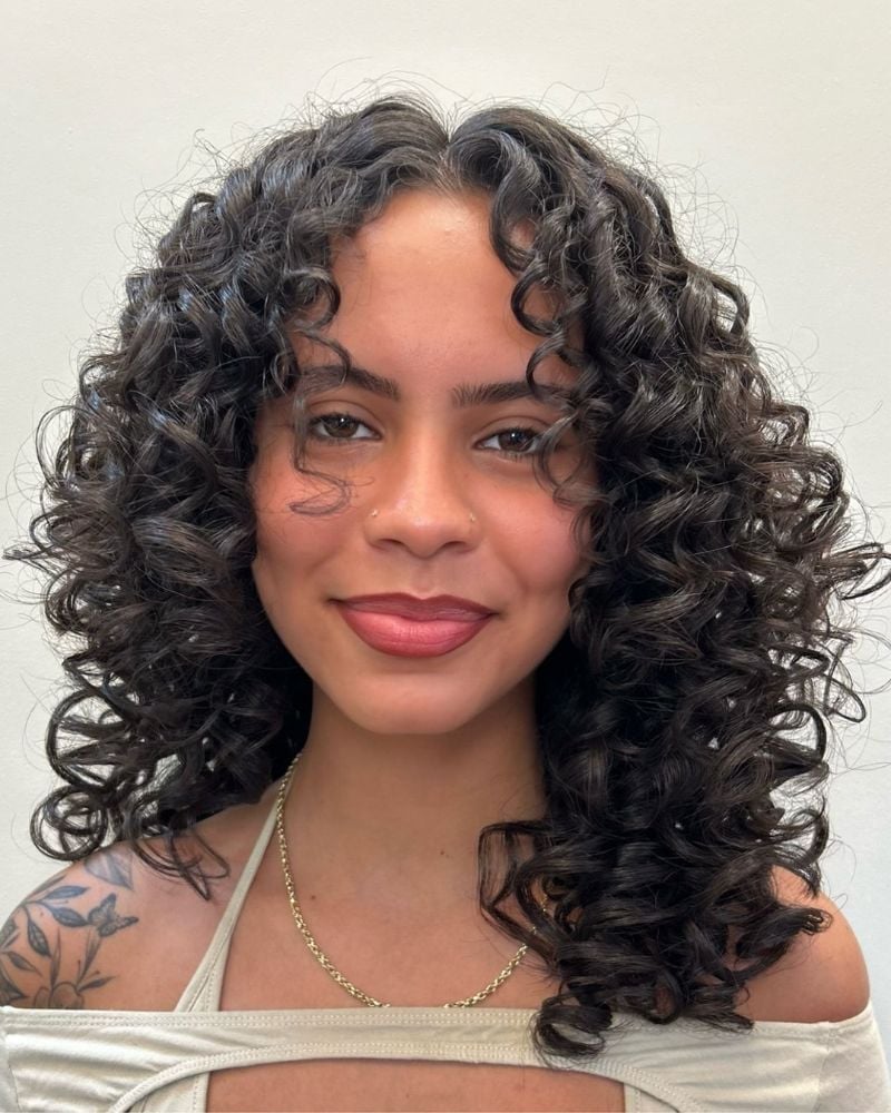 Shoulder Length Curls With Face-Framing Bangs — Easy Curly Hair Routine