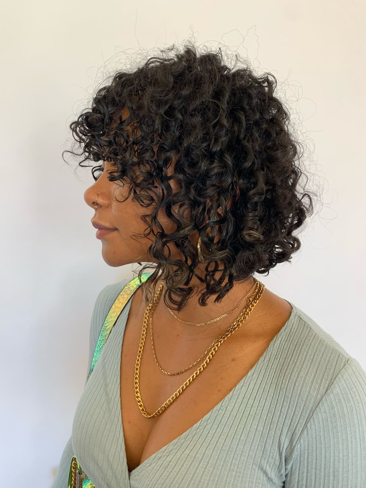 Chin Length Black Curly Bob With Curtain Bangs — Easy Curly Hair Routine