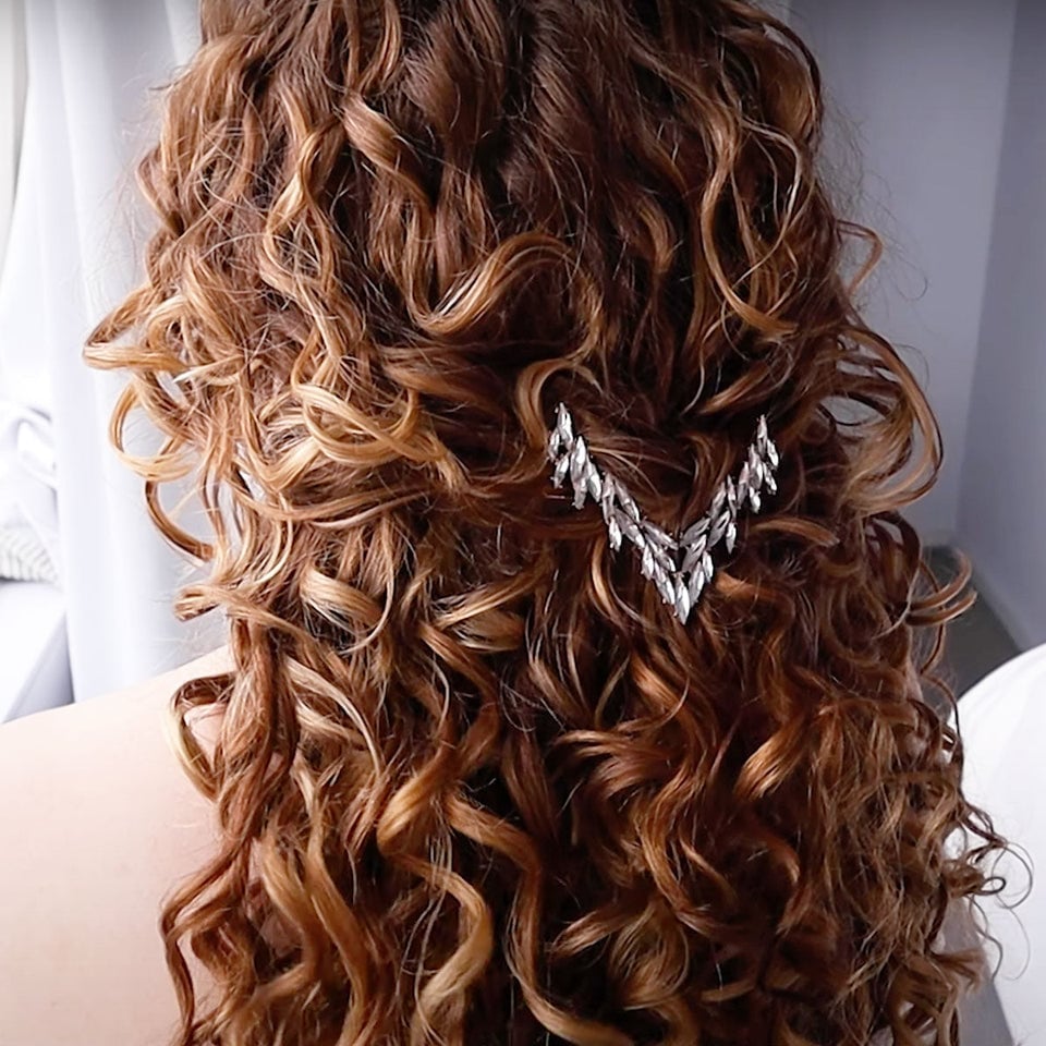 Mid-Back Half-Updo With Honey Highlights and Accessory — Easy Curly Hair Routine