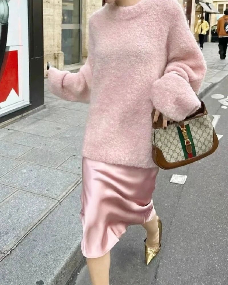 Champagne Silk Midi Skirt With Fuzzy Pink Sweater, Close-Up Take — Silk Skirt Outfit