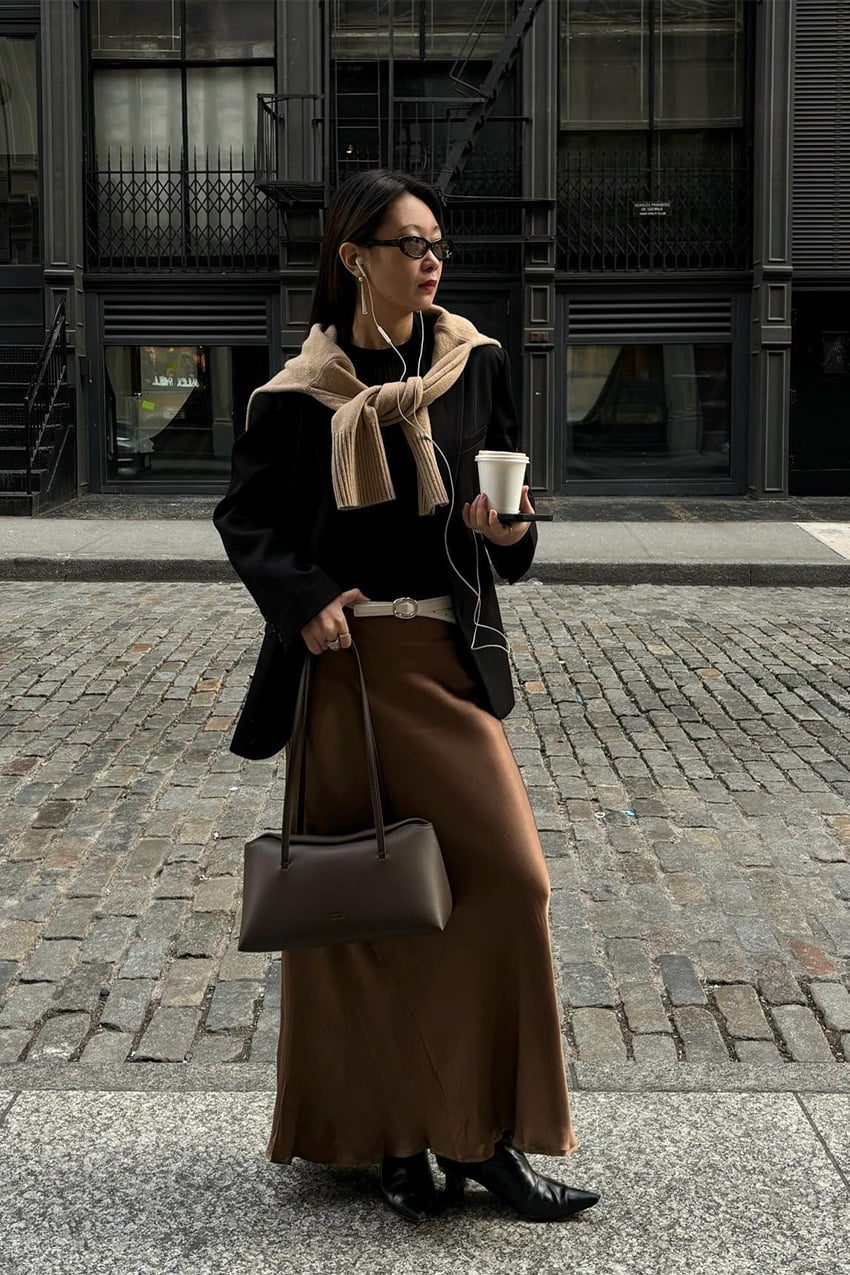 Brown Silk Midi Skirt With Beige Sweater and Black, Close-Up Take — Silk Skirt Outfit
