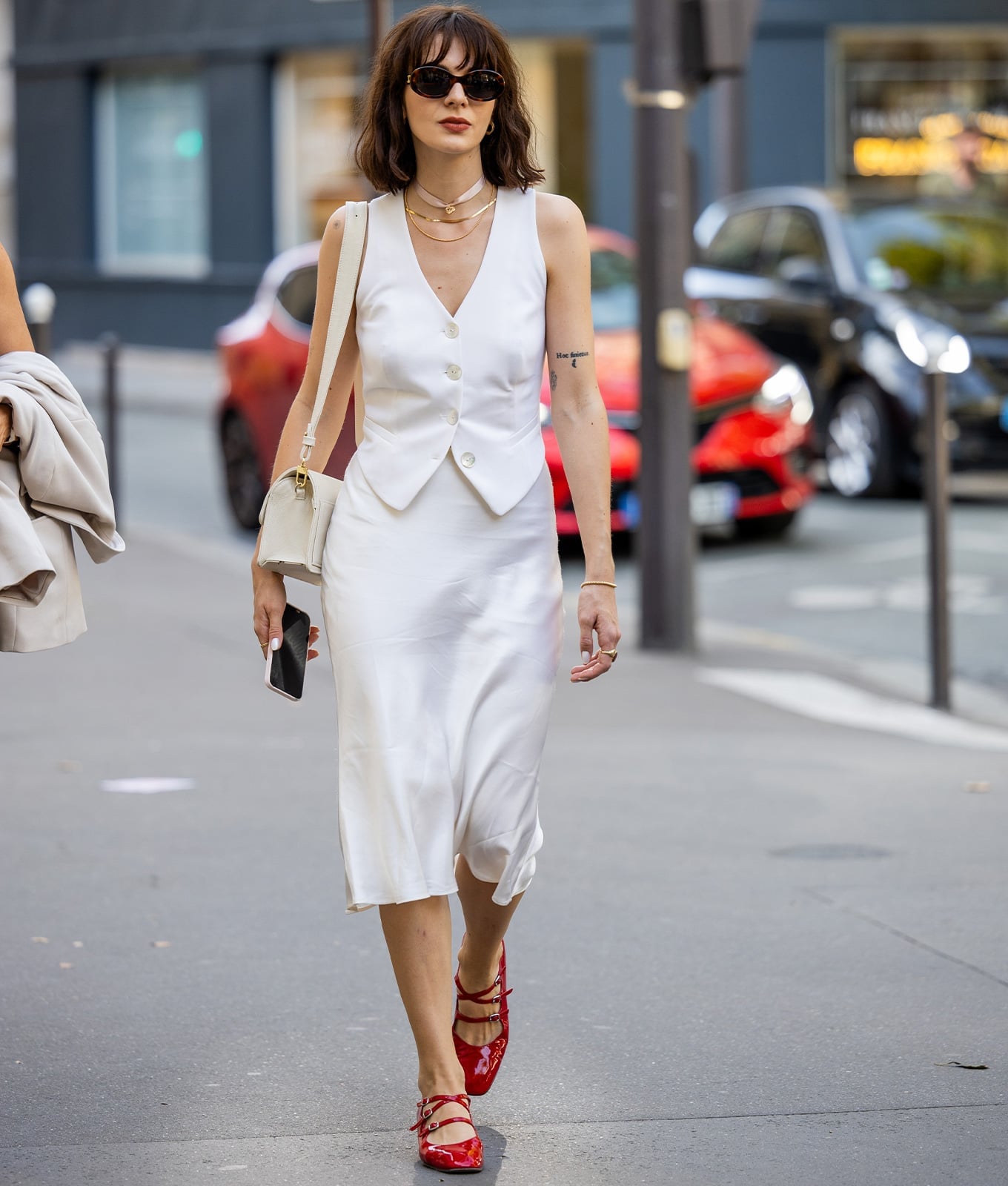 White Silk Midi Slip Skirt With White Vest and Red Mary Jane Flats — Silk Skirt Outfit