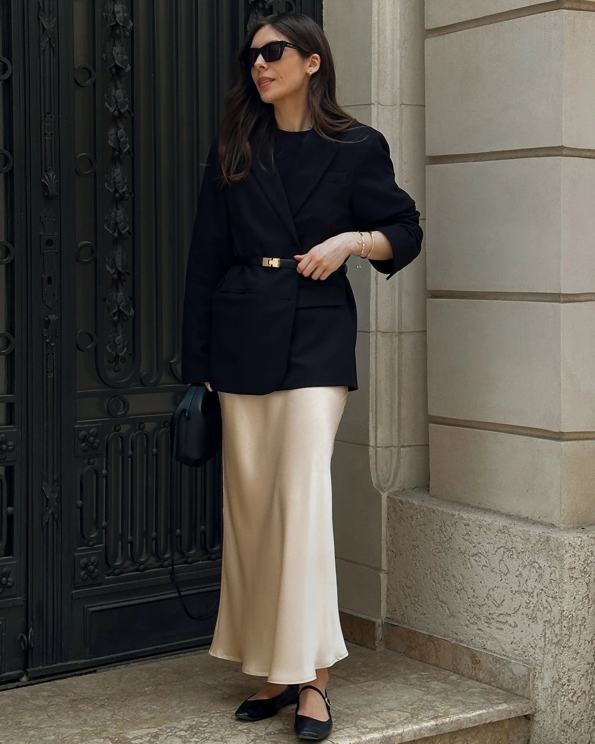 Cream Silk Maxi Skirt With Oversized Black Blazer, Close-Up Take — Silk Skirt Outfit