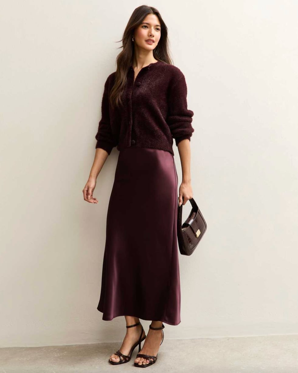 Dark Plum Silk Maxi Skirt With Burgundy Cardigan — Silk Skirt Outfit