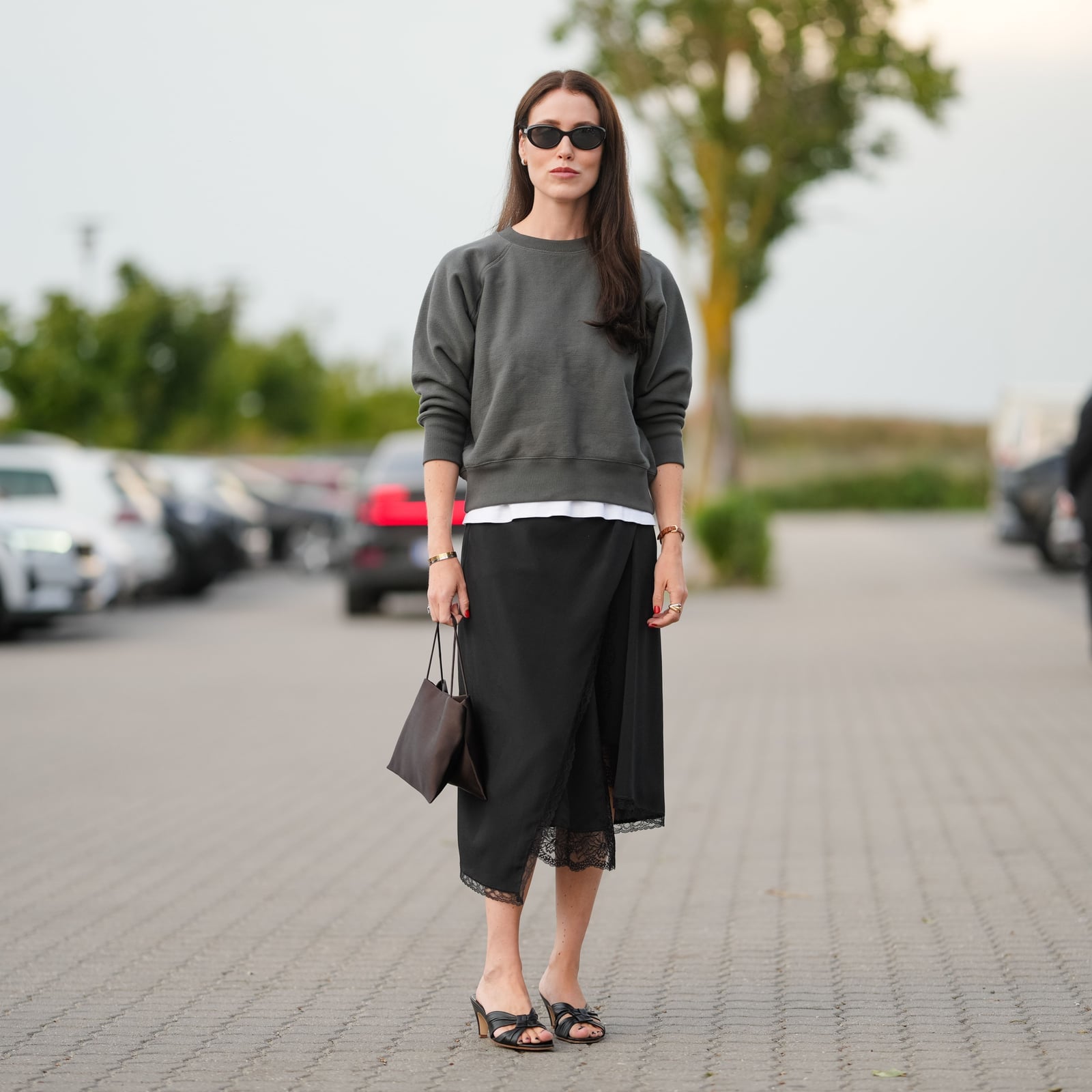 Black Silk Wrap Skirt With Lace Trim and Sweatshirt — Silk Skirt Outfit