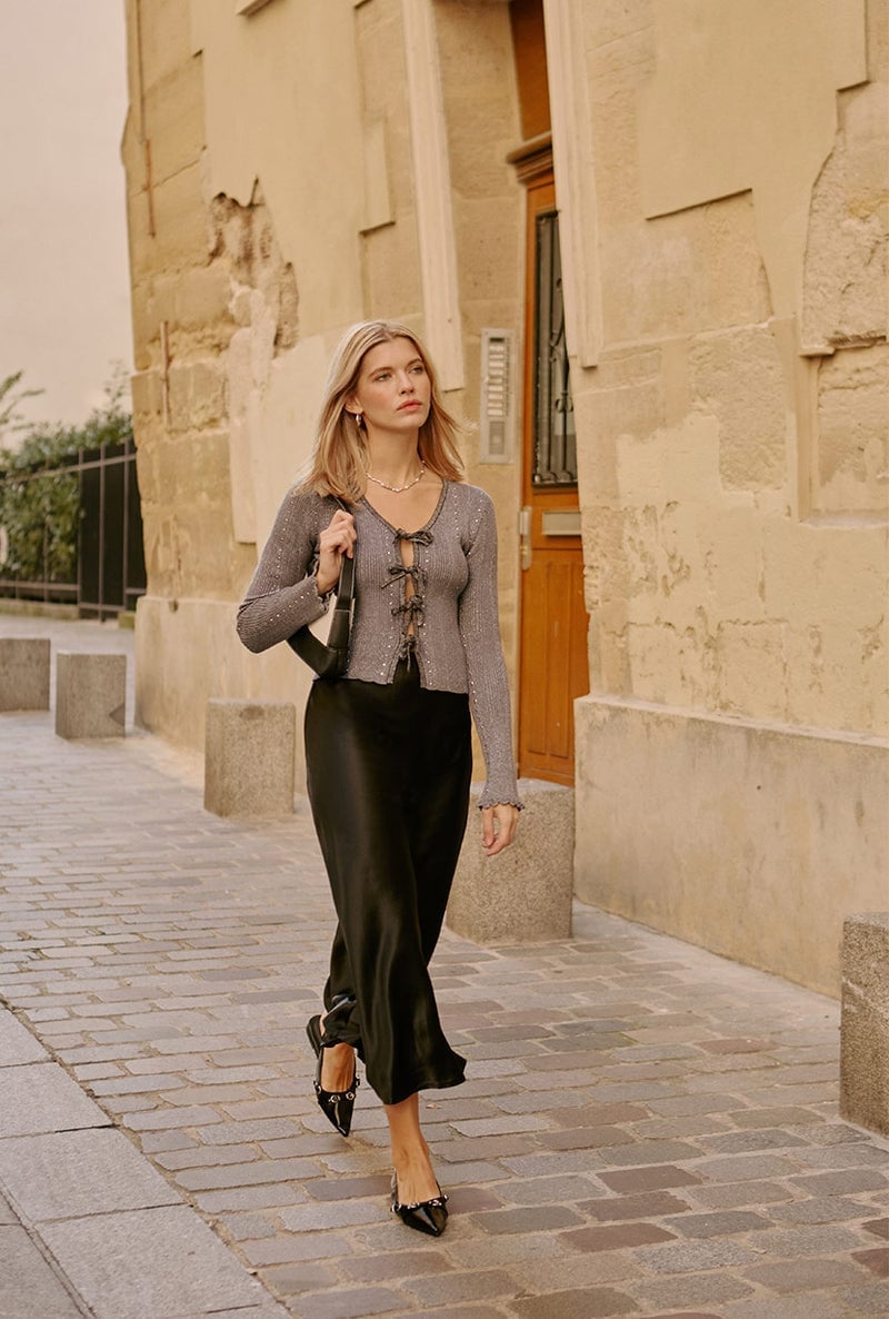 Black Silk Satin Midi Skirt With Sparkly Cardigan — Silk Skirt Outfit