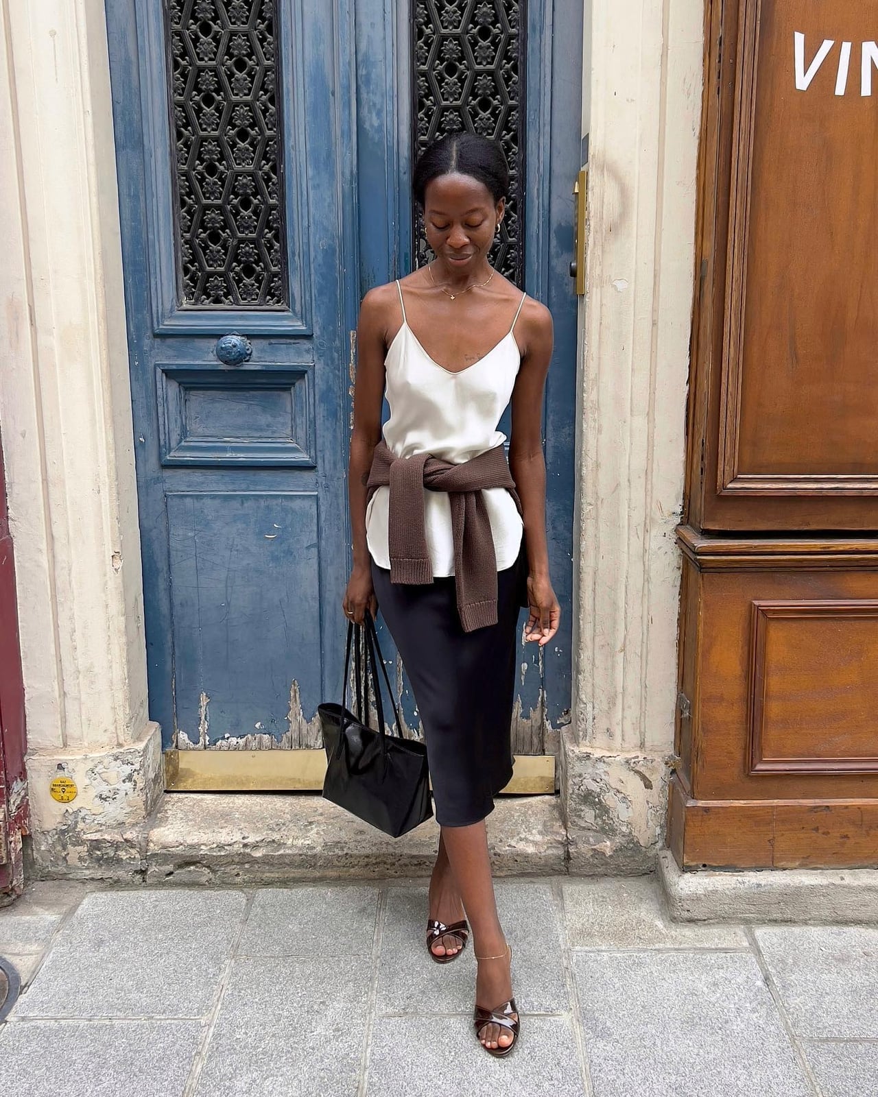 Black Silk Pencil Skirt With White Camisole and Cardigan — Silk Skirt Outfit