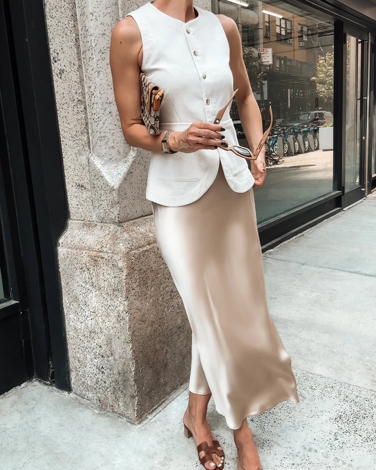 Beige Silk Satin Maxi Skirt With White Vest — Silk Skirt Outfit