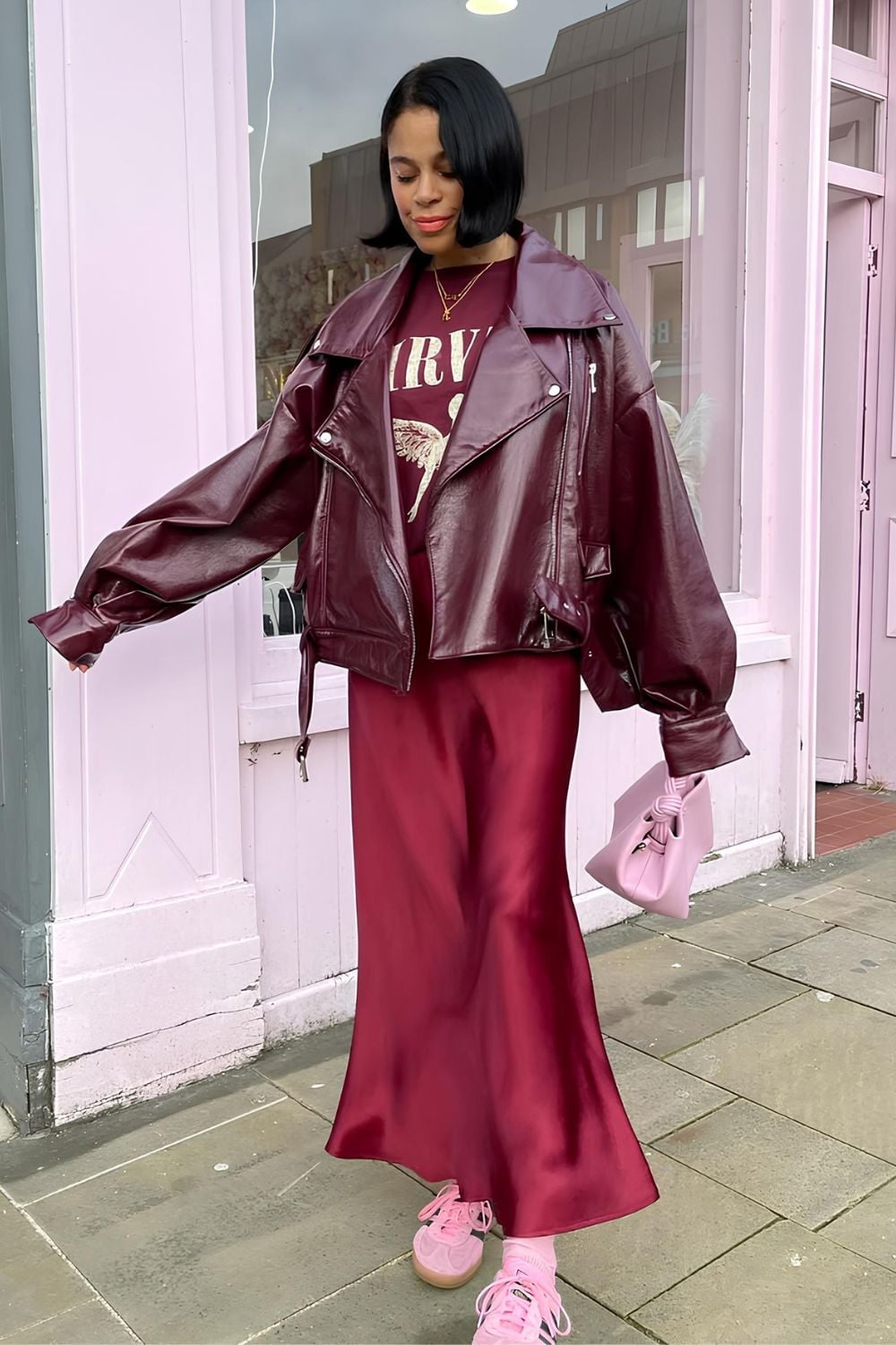 Burgundy Silk Satin Maxi Skirt With Graphic Tee, Close-Up Take — Silk Skirt Outfit