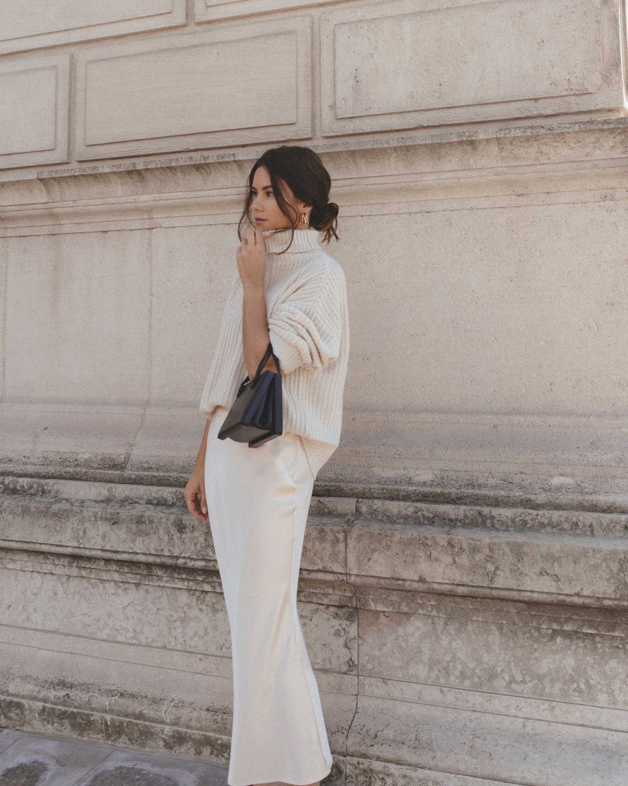 Cream Silk Maxi Skirt With Oversized Knit Sweater, Office-Safe Version — Silk Skirt Outfit
