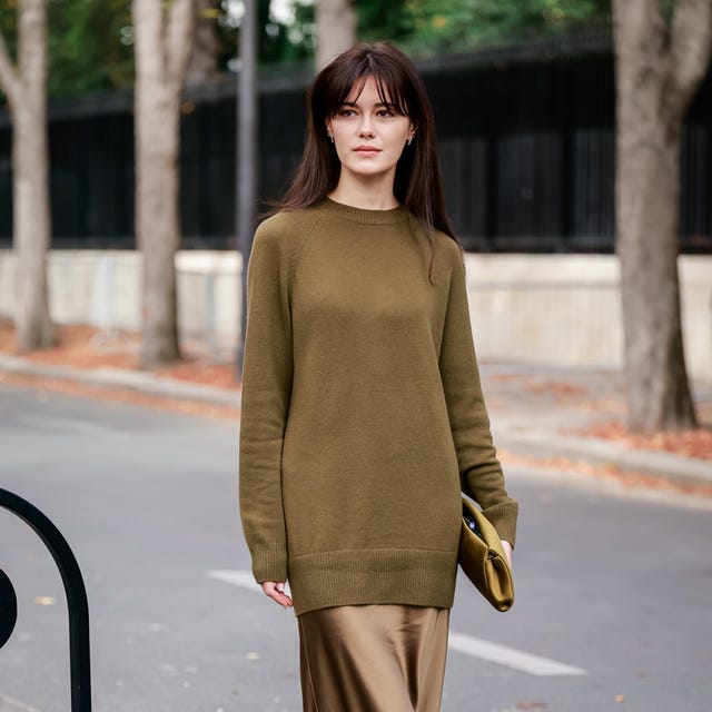 Bronze Silk Maxi Skirt With Longline Knit Sweater, Low-Key Version — Silk Skirt Outfit