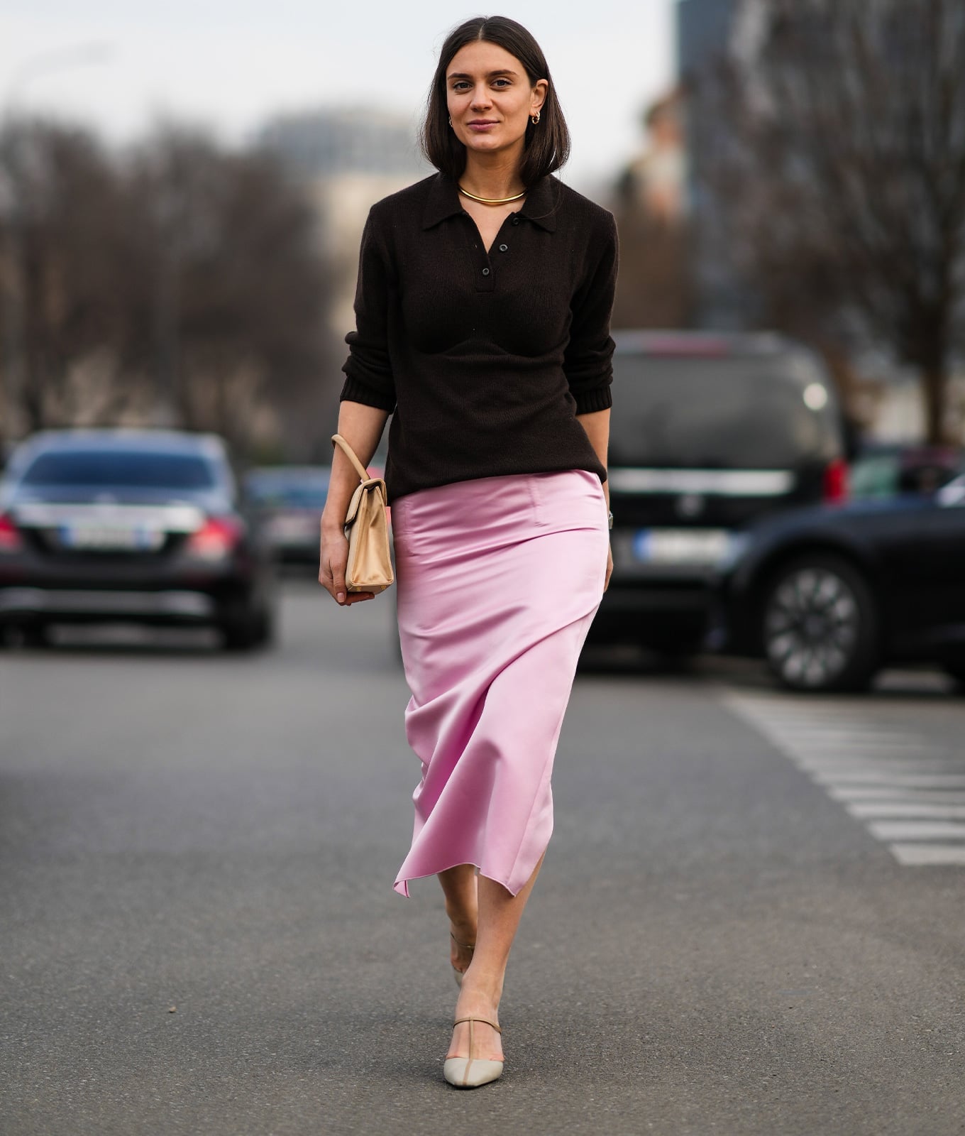 Pastel Pink Silk Midi Skirt With Collared Knit Top, Close-Up Take — Silk Skirt Outfit
