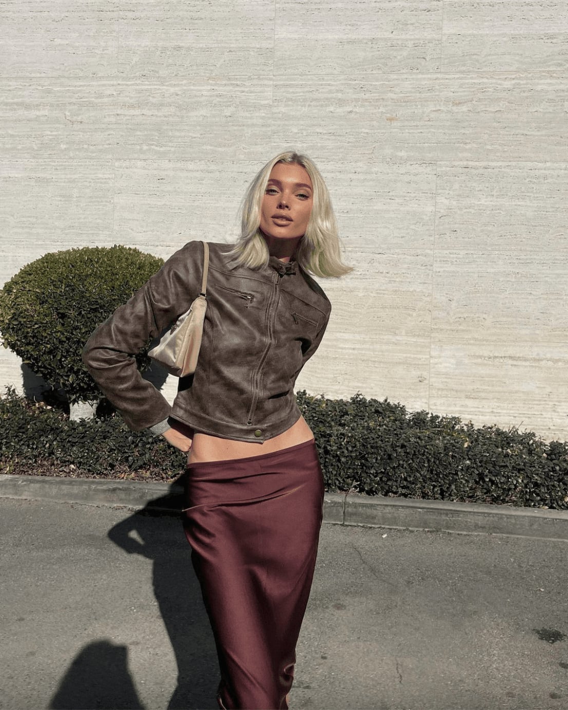 Burgundy Silk Slip Skirt With Leather Moto Jacket, Close-Up Take — Silk Skirt Outfit