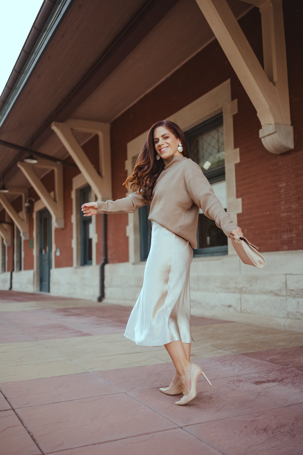 Cream Silk Midi Skirt With Neutral Knit Sweater — Silk Skirt Outfit