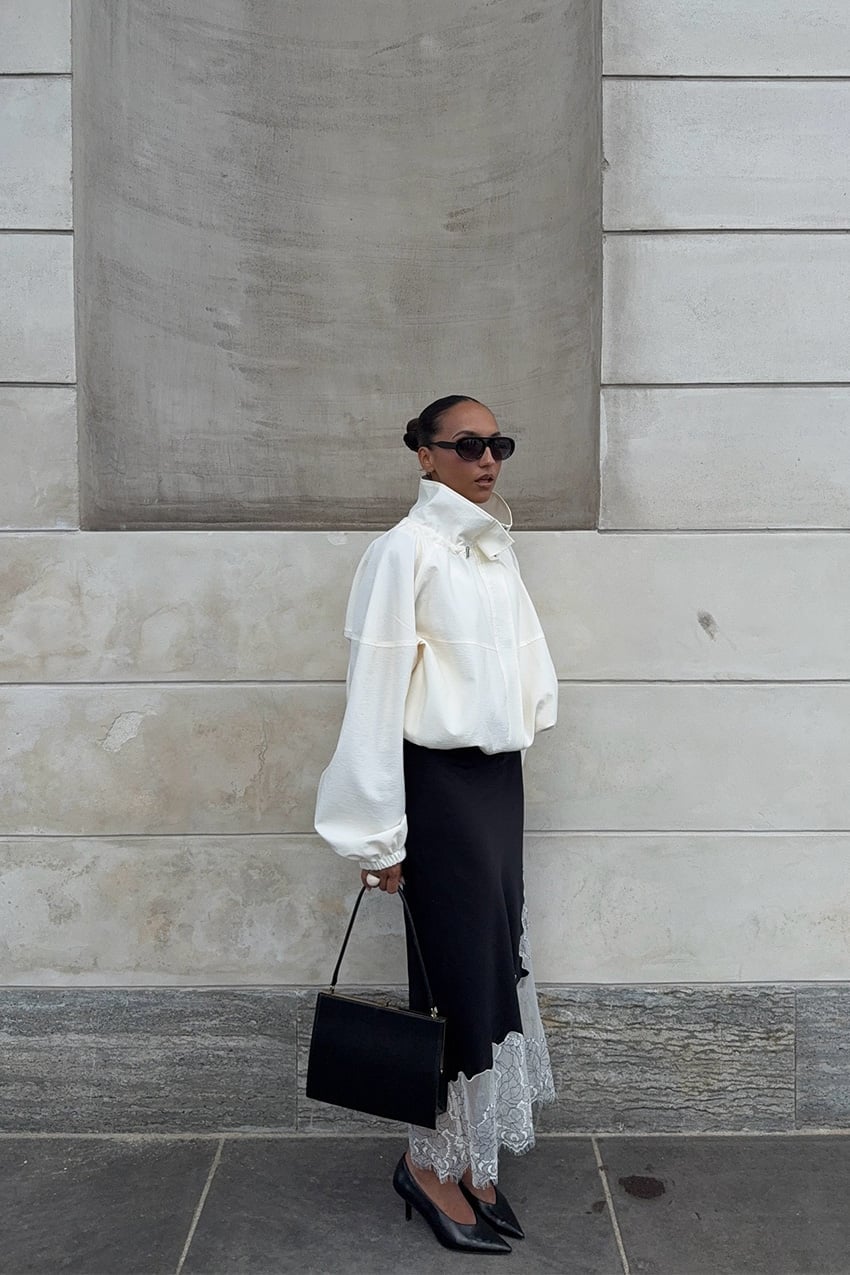 Black Silk Midi Skirt With Lace Trim and White Jacket — Silk Skirt Outfit