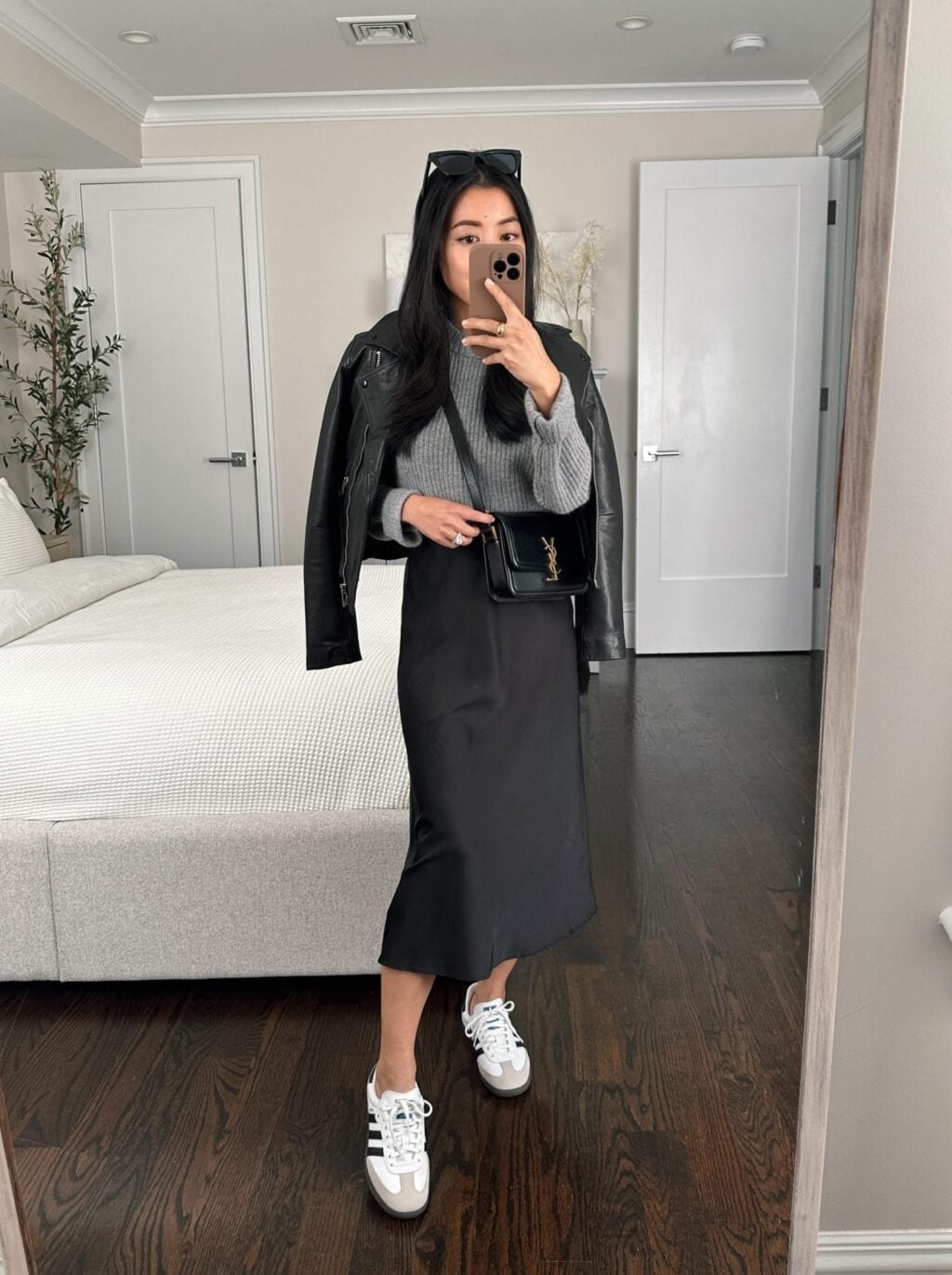 Black Satin Midi Skirt With Gray Sweater and Leather Jacket — Silk Skirt Outfit