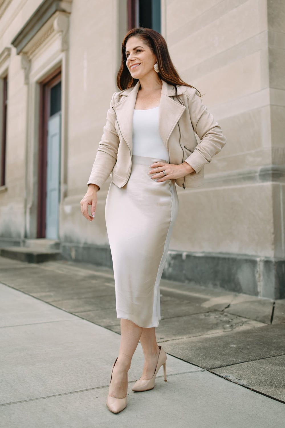 Cream Silk Midi Pencil Skirt With Suede Moto Jacket — Silk Skirt Outfit