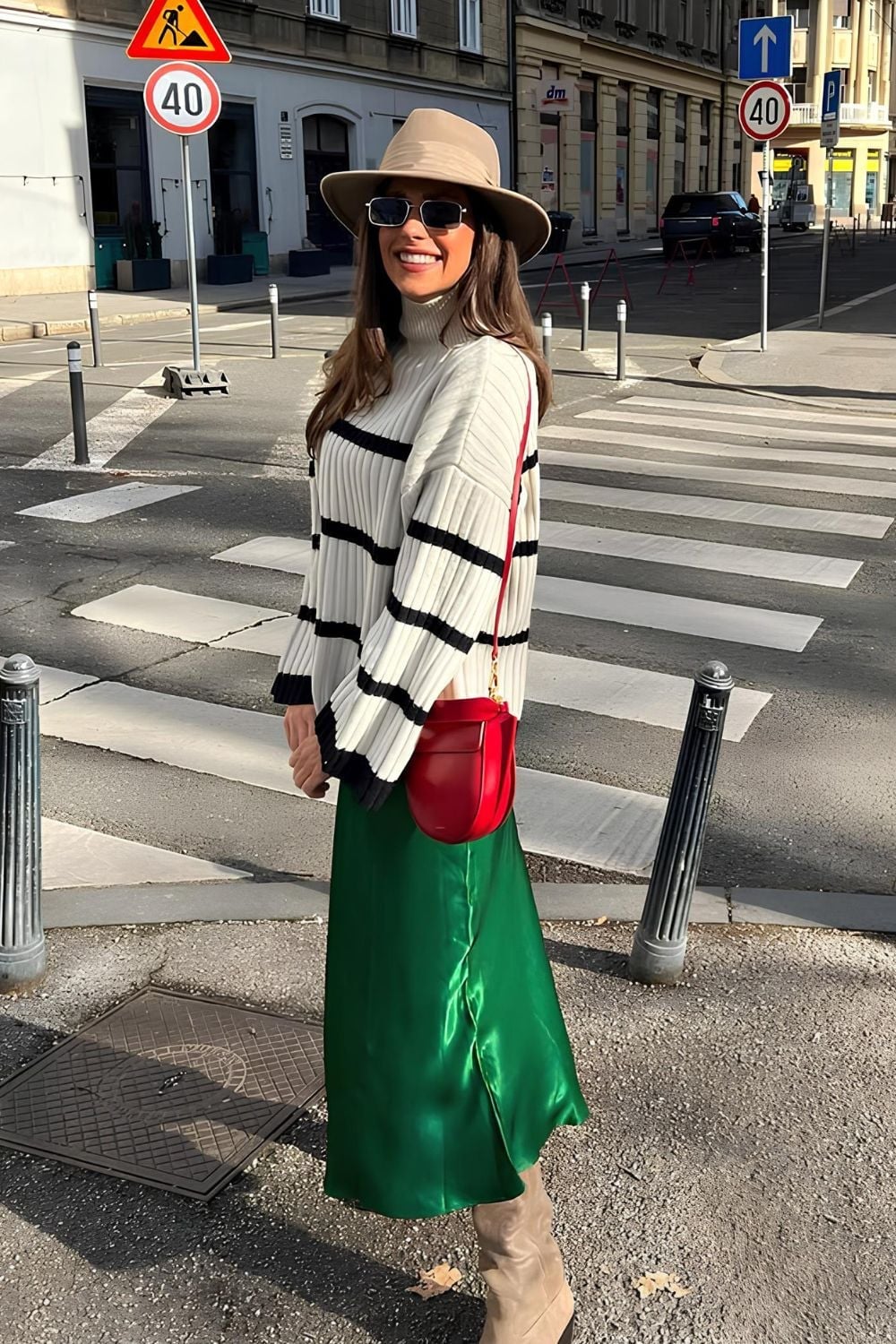 Emerald Green Silk Midi Skirt With Striped Sweater — Silk Skirt Outfit