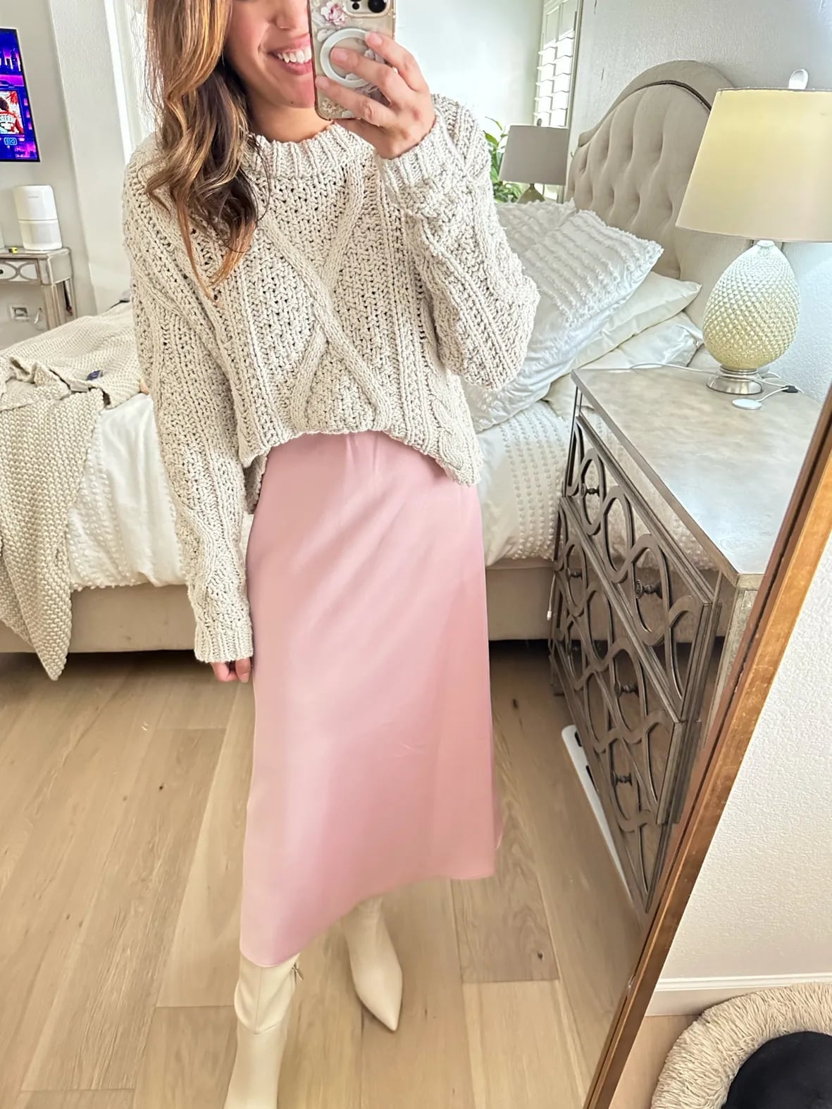 Pink Silk Midi Skirt With Cable Knit Sweater — Silk Skirt Outfit