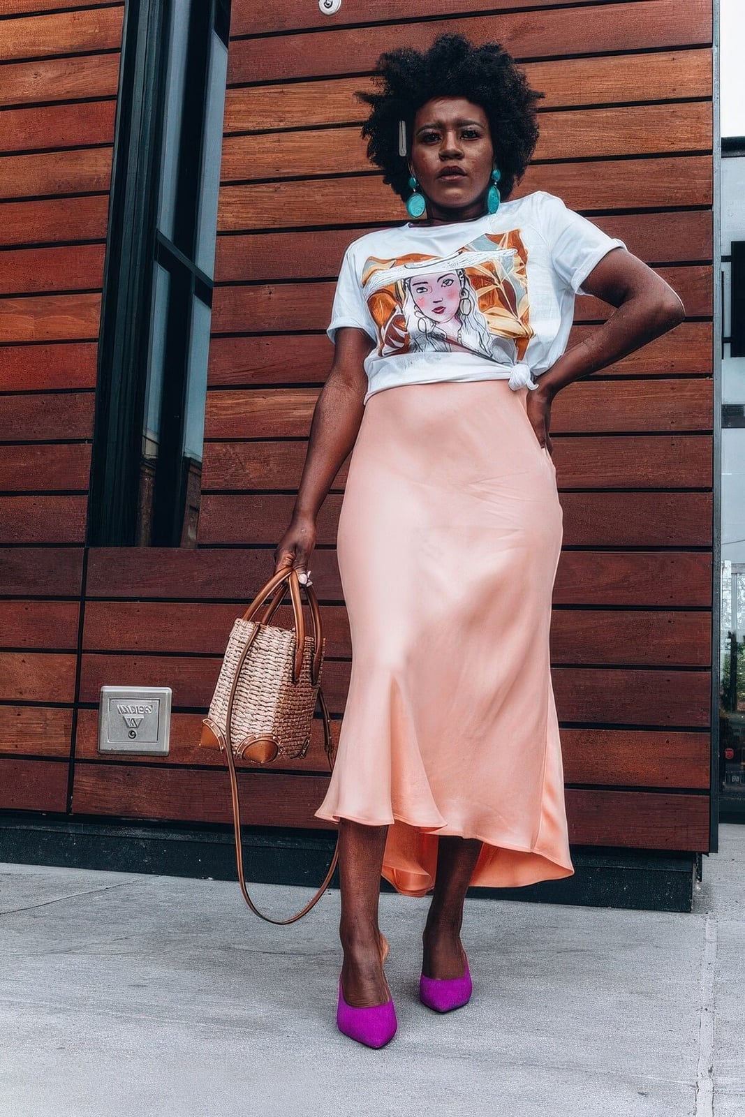 Peach Satin Midi Skirt With Graphic T-shirt — Silk Skirt Outfit