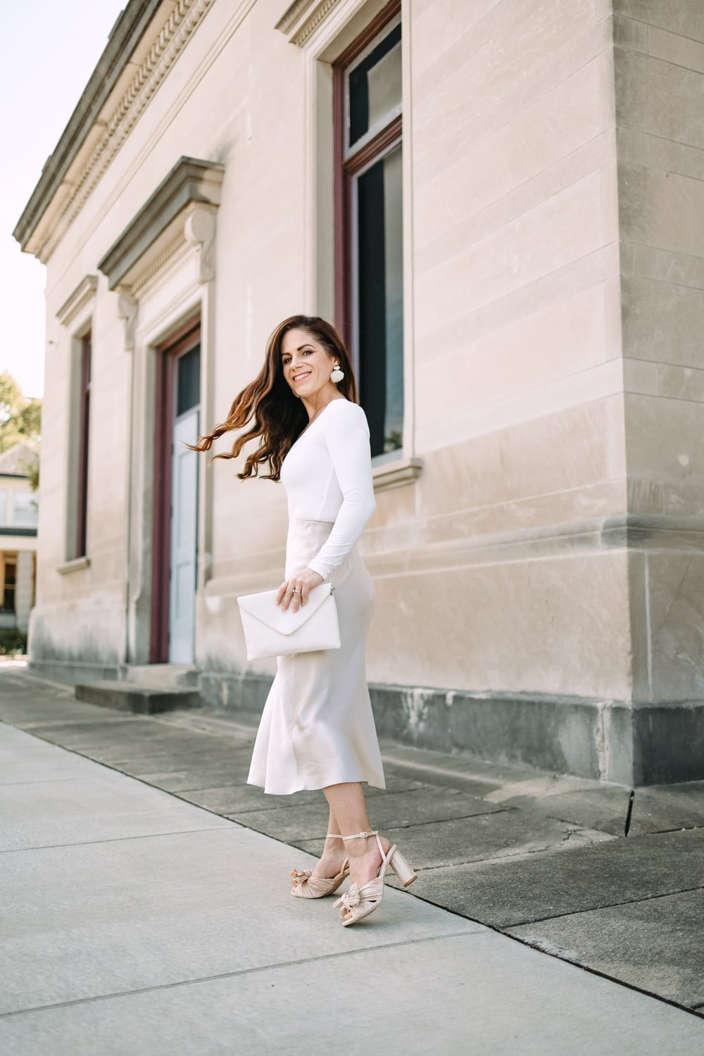 Cream Silk Midi Skirt With Long-Sleeved Top — Silk Skirt Outfit