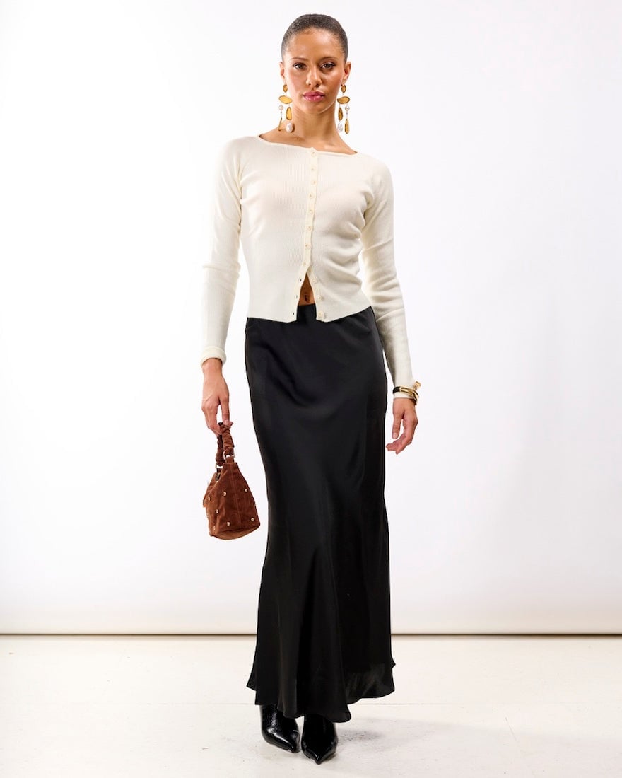 Long Black Silk Skirt With Cream Ribbed Cardigan, Close-Up Take — Silk Skirt Outfit