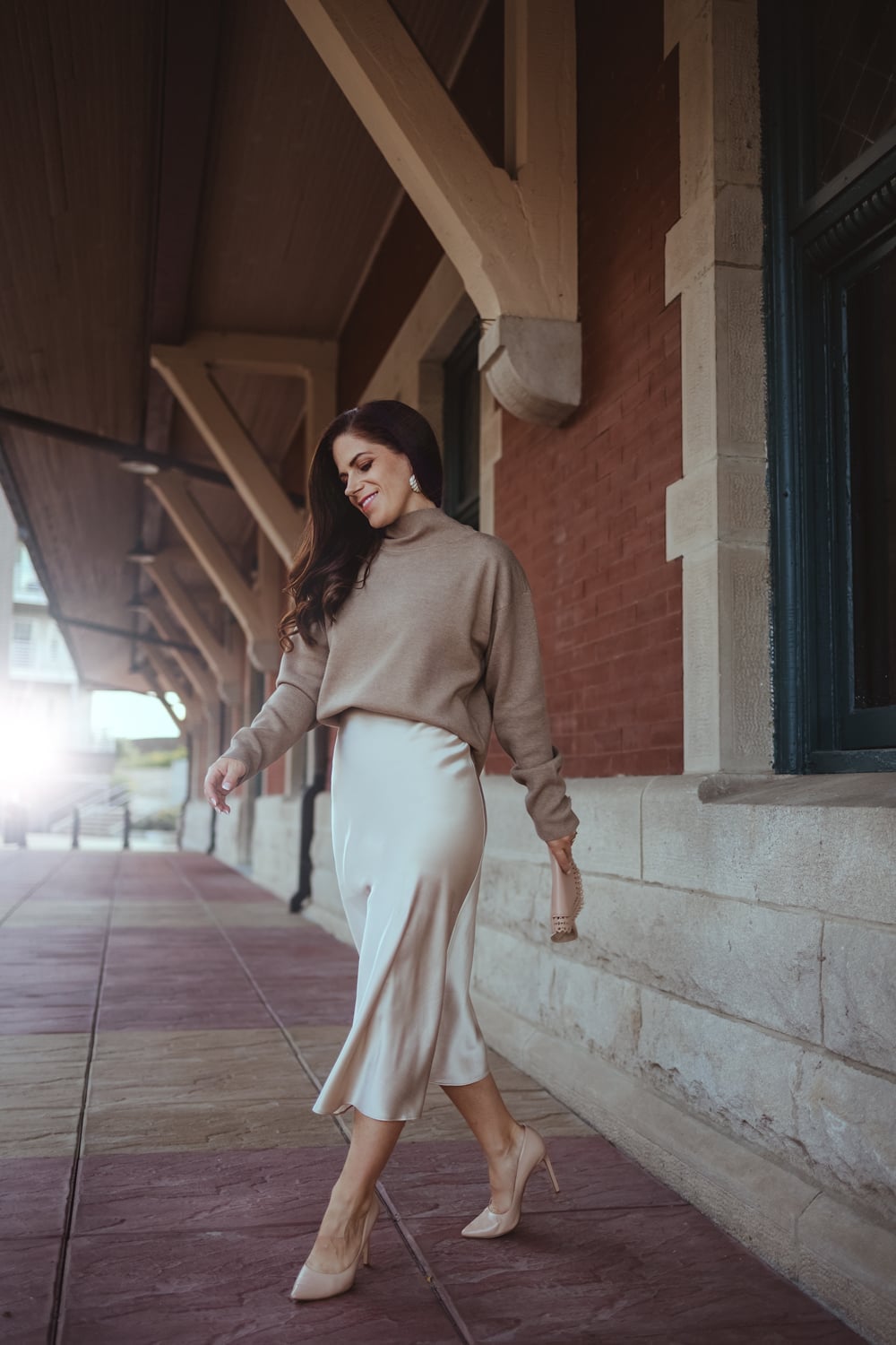 Champagne Silk Midi Skirt With Beige Turtleneck and Fitted Sweater — Silk Skirt Outfit