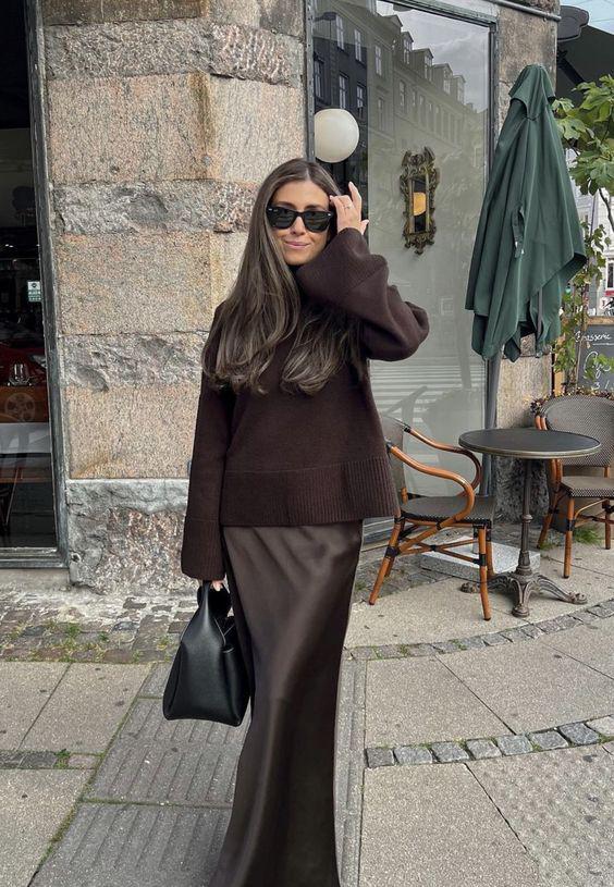Brown Satin Maxi Skirt With Relaxed Knit Sweater, Close-Up Take — Silk Skirt Outfit