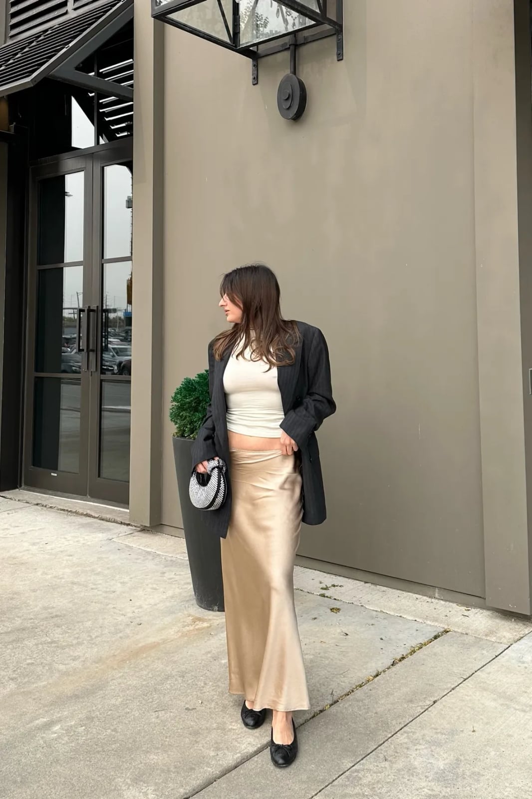 Gold Silk Midi Skirt With Charcoal Blazer — Silk Skirt Outfit