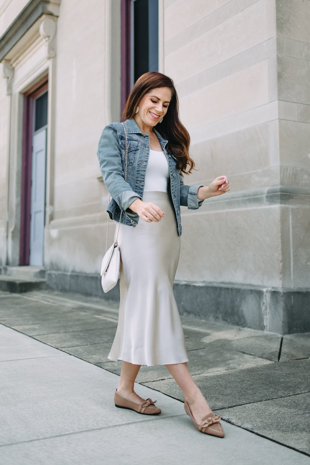 Cream Silk Midi Slip Skirt With Denim Jacket — Silk Skirt Outfit