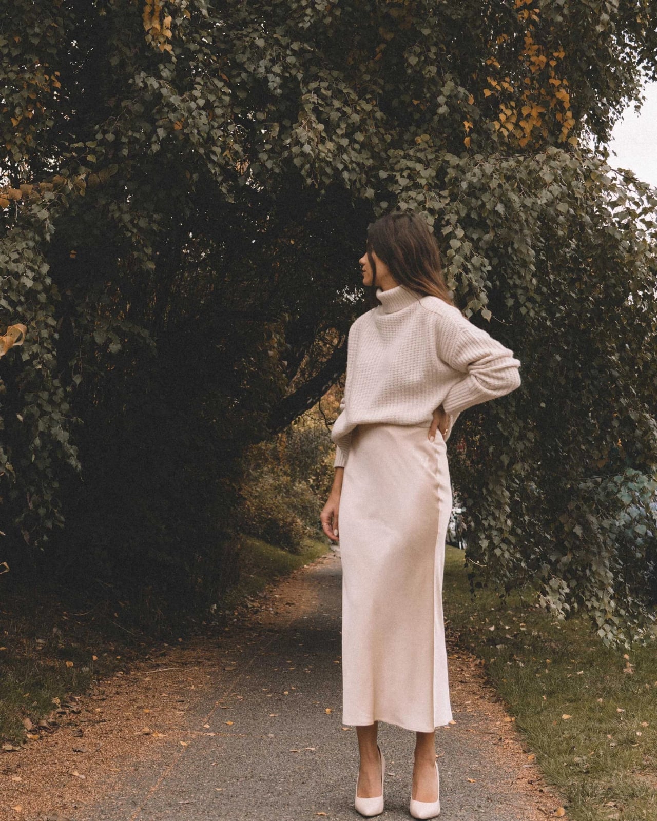 Beige Silk Satin Maxi Skirt With Cream Turtleneck Sweater — Silk Skirt Outfit