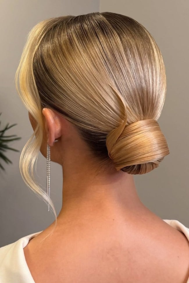 Sleek Blonde Low Bun With Dark Roots — Low Bun Wedding Hair