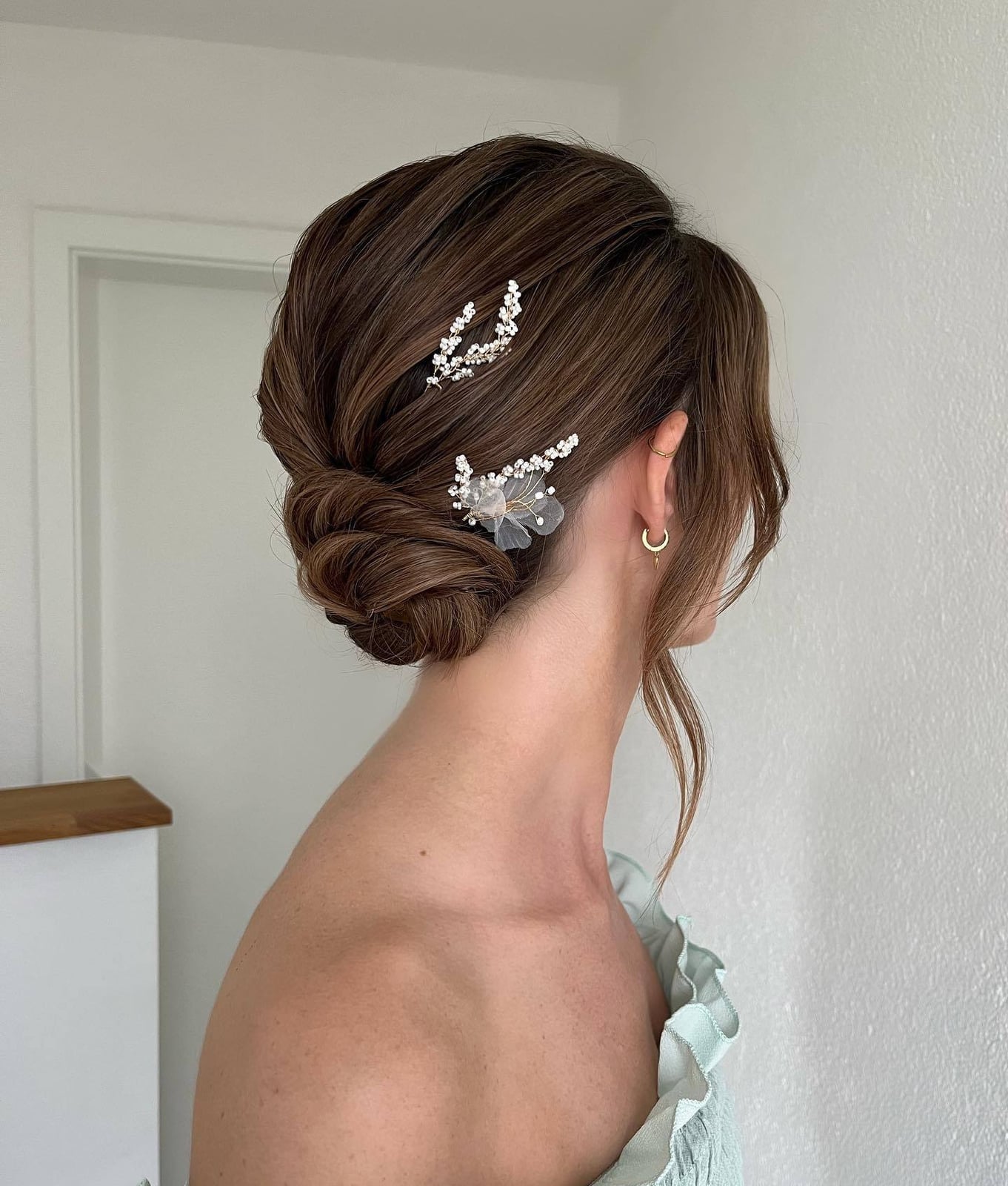 Dark Brown Intricate Twisted Low Bun, Wavy — Low Bun Wedding Hair