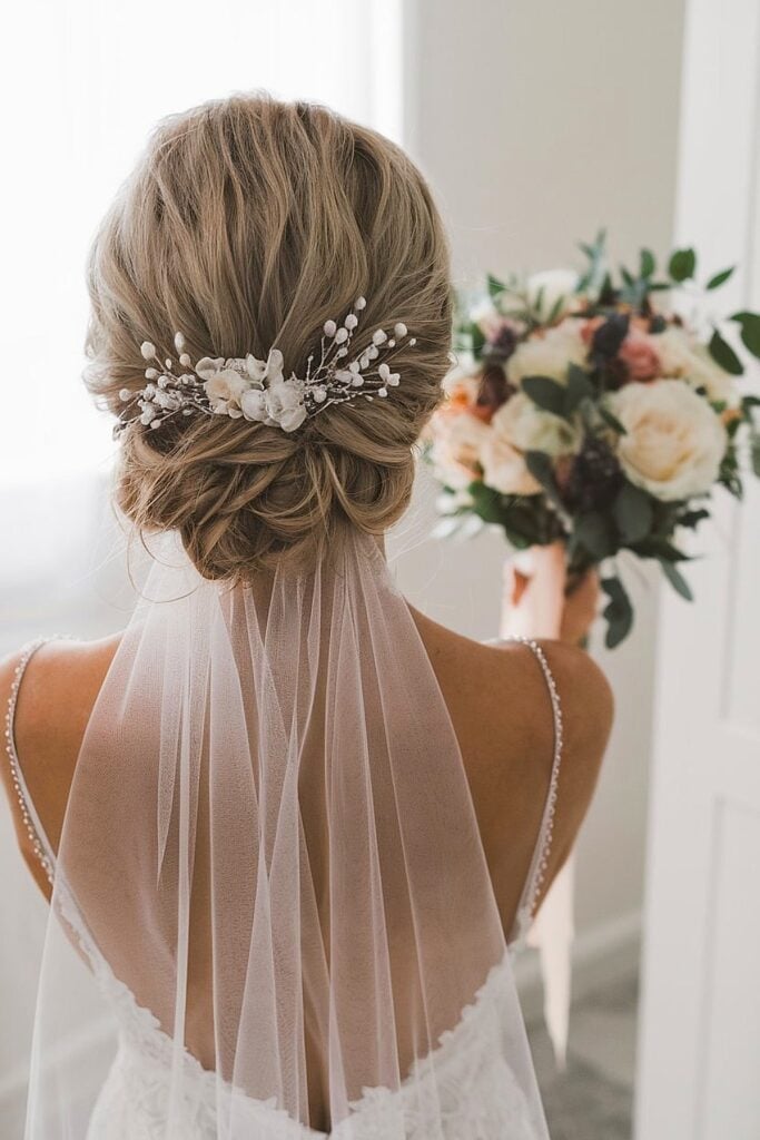 Blonde Braided Low Bun With Accessory and Veil — Low Bun Wedding Hair