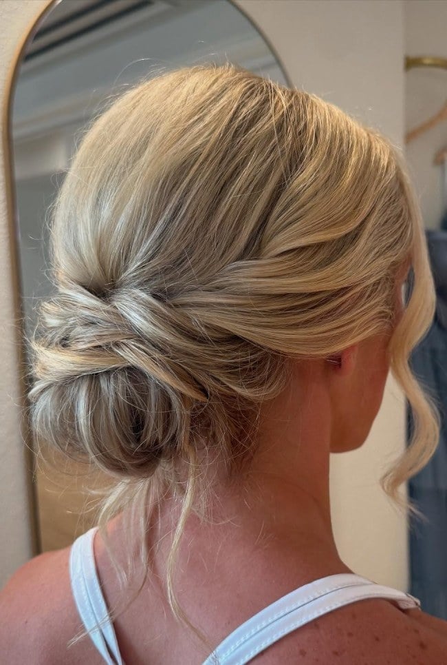 Ash Blonde Textured Low Bun With Tendrils, Mid-Back — Low Bun Wedding Hair